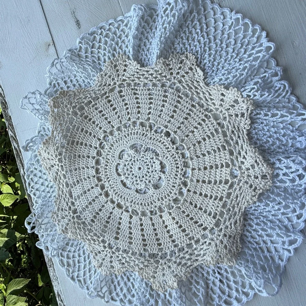 Vintage Handmade Crochet Doily Set White Cream Lace Table Decor 2pc